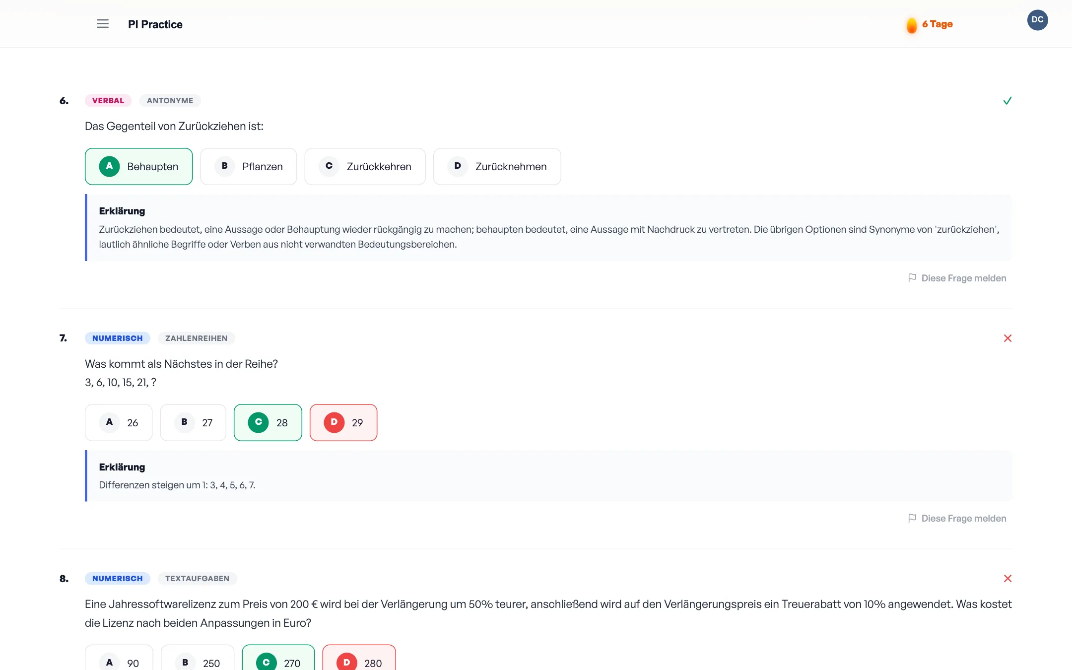 Question review screen with worked solutions
