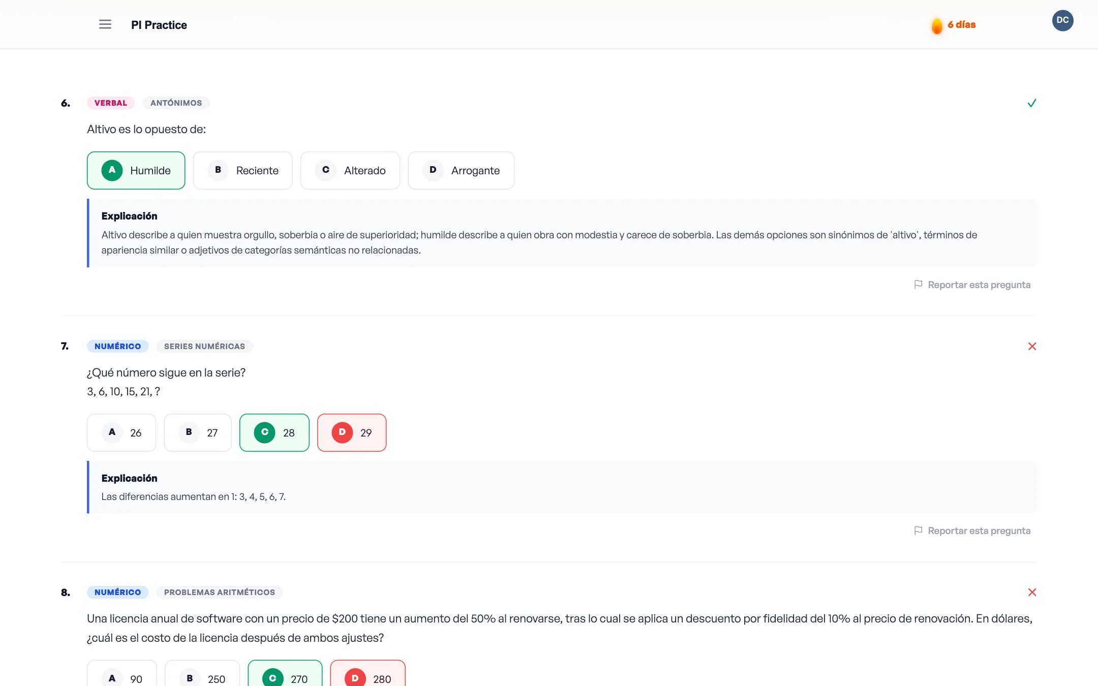 Question review screen with worked solutions