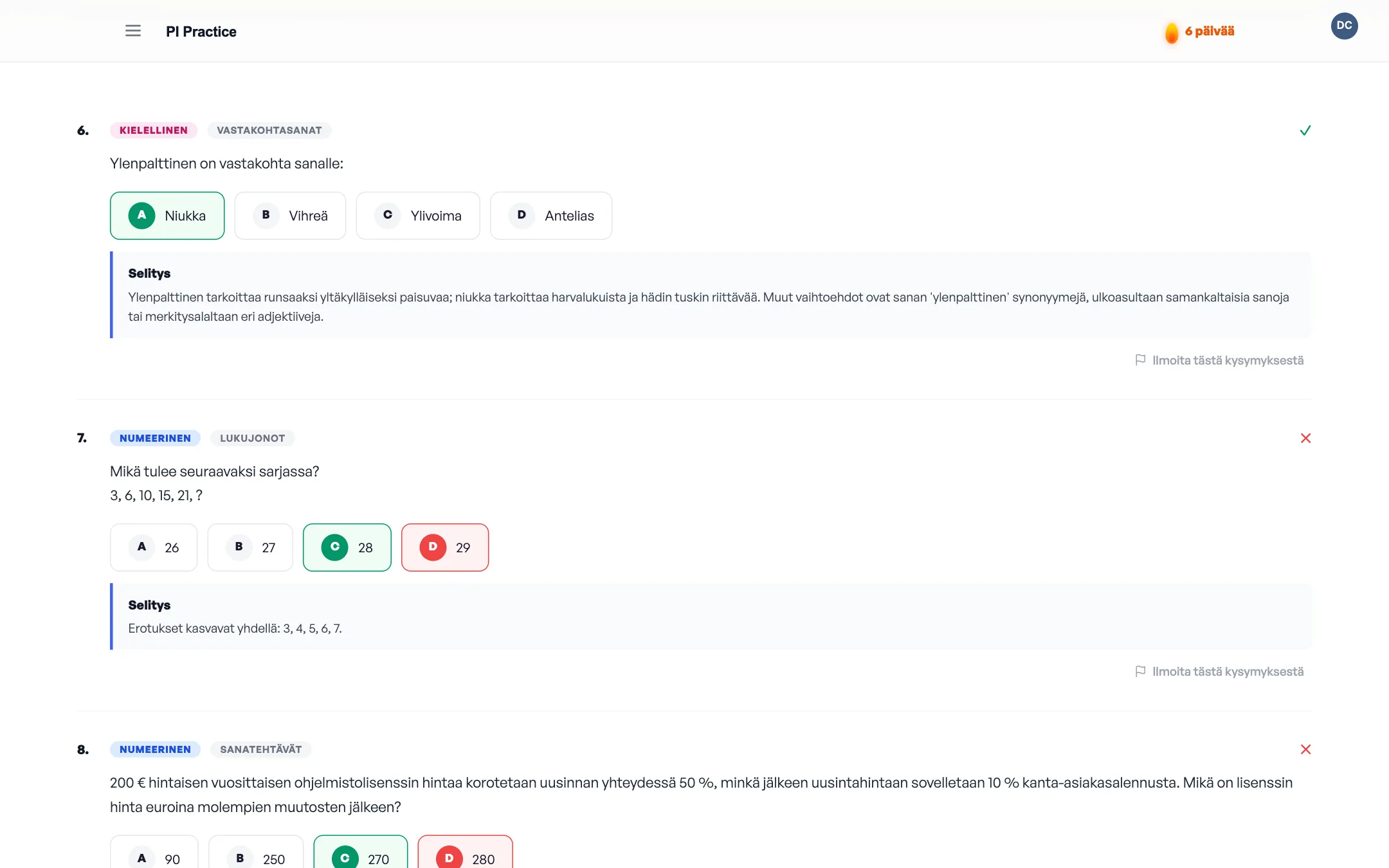 Question review screen with worked solutions