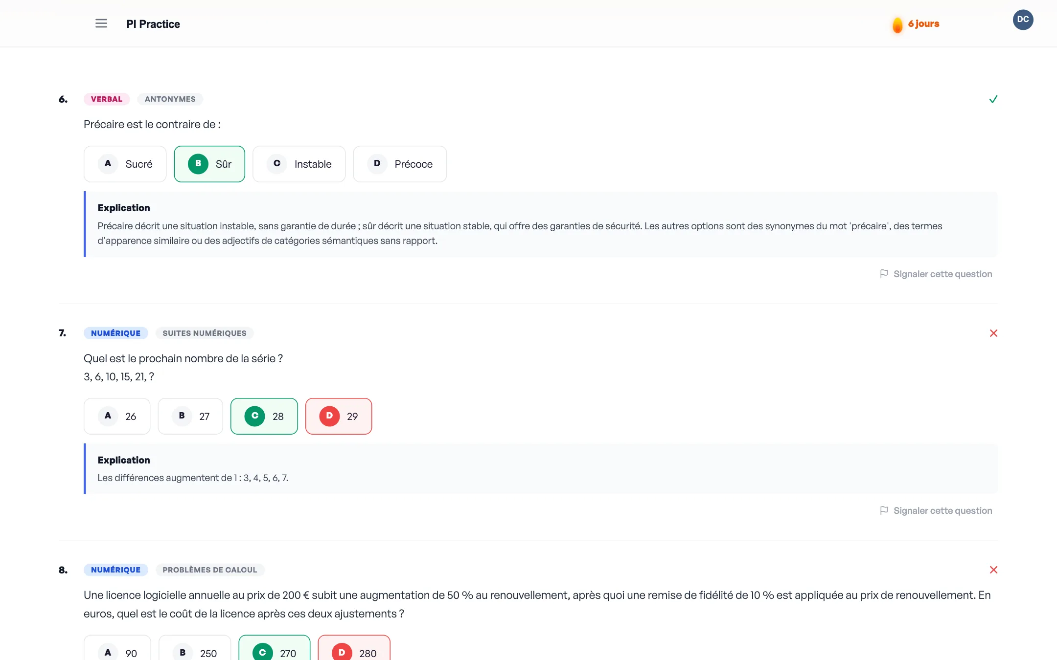 Question review screen with worked solutions