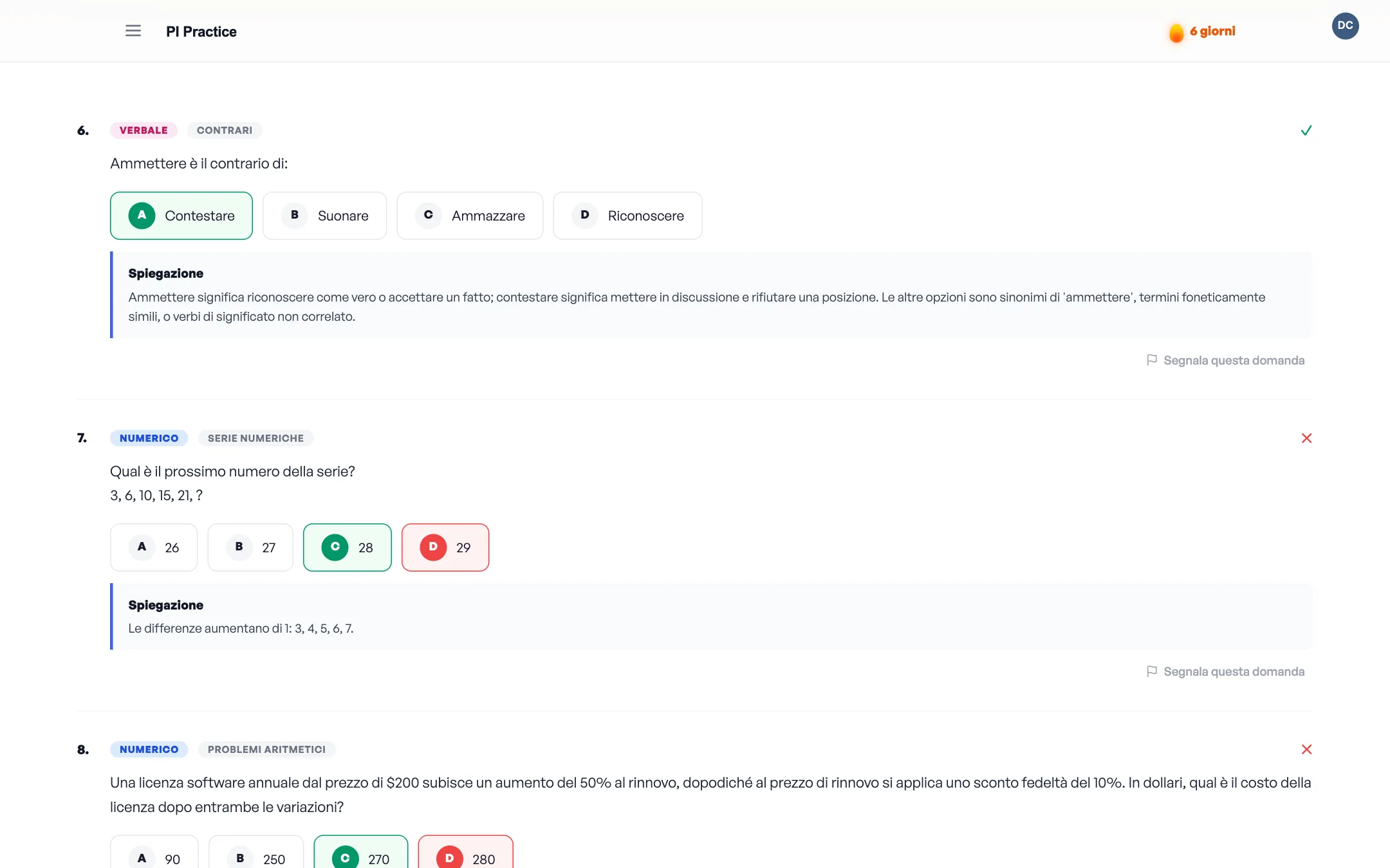 Question review screen with worked solutions