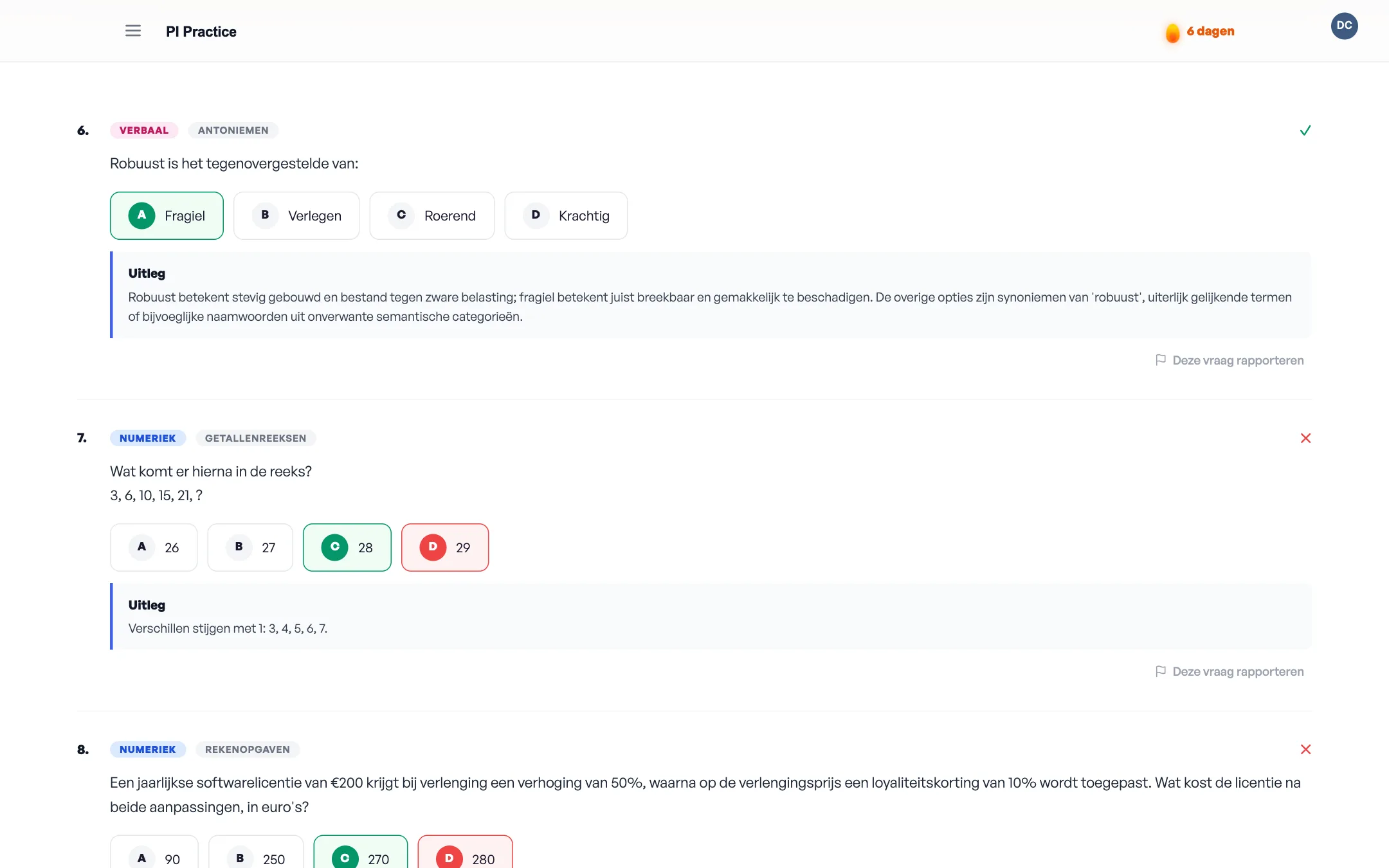 Question review screen with worked solutions