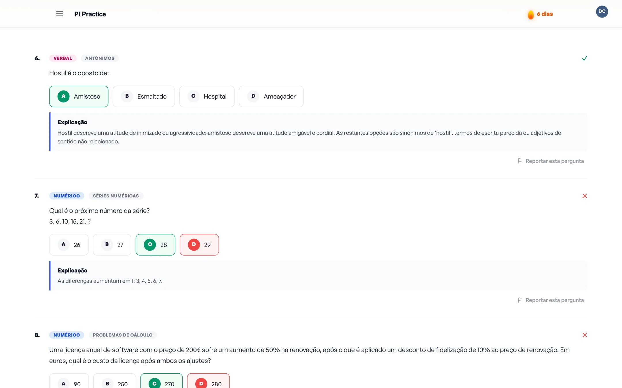 Question review screen with worked solutions